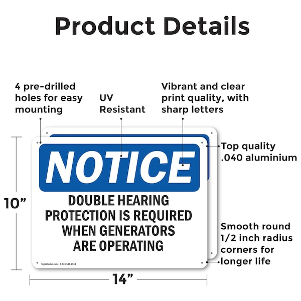 Double Hearing Protection Required While OSHA Notice Sign, Aluminum, 14in W X 10in L, 2PK